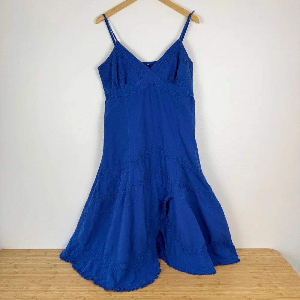 Scully Dress Womens XL Blue Embroidered Frayed Hem Sundress‎ Boho Gypsy Rustic